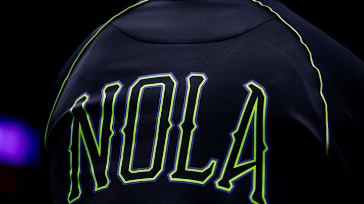 Apr 29, 2024; New Orleans, Louisiana, USA; Detailed view of the City Edition logo for the New Orleans Pelicans against the Oklahoma City Thunder during the second half of game four of the first round for the 2024 NBA playoffs at Smoothie King Center. Mandatory Credit: Stephen Lew-Imagn Images