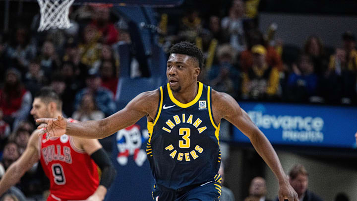 Jan 8, 2025; Indianapolis, Indiana, USA; Indiana Pacers center Thomas Bryant (3) celebrates basket in the first half against the Chicago Bulls at Gainbridge Fieldhouse. Mandatory Credit: Trevor Ruszkowski-Imagn Images