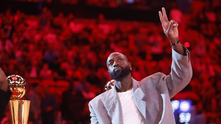 Oct 28, 2024; Miami, Florida, USA; Former Miami Heat guard Dwyane Wade is honored at halftime during the game against the Detroit Pistons at Kaseya Center. Mandatory Credit: Rhona Wise-Imagn Images Oct 28, 2024; Miami, Florida, USA; Former Miami Heat guard Dwyane Wade is honored at halftime during the game against the Detroit Pistons at Kaseya Center. Mandatory Credit: Rhona Wise-Imagn Images