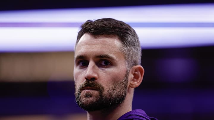 Oct 24, 2025; Sacramento, California, USA; Utah Jazz forward Kevin Love (42) on the court during a timeout against the Sacramento Kings during the second quarter at Golden 1 Center. Mandatory Credit: Kelley L Cox-Imagn Images