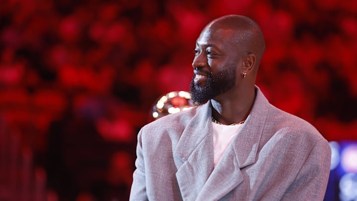 Oct 28, 2024; Miami, Florida, USA; Former Miami Heat guard Dwyane Wade is honored at halftime during the game against the Detroit Pistons at Kaseya Center. Mandatory Credit: Rhona Wise-Imagn Images