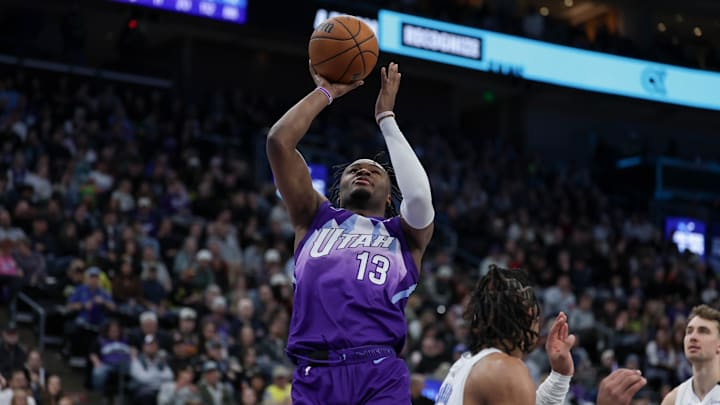 Feb 1, 2025; Salt Lake City, Utah, USA; Utah Jazz guard Isaiah Collier (13) shoots the ball against the Orlando Magic during the second half at Delta Center. Mandatory Credit: Chris Nicoll-Imagn Images Feb 1, 2025; Salt Lake City, Utah, USA; Utah Jazz guard Isaiah Collier (13) shoots the ball against the Orlando Magic during the second half at Delta Center. Mandatory Credit: Chris Nicoll-Imagn Images