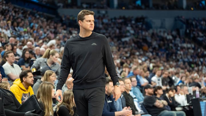 Apr 13, 2025; Minneapolis, Minnesota, USA; Utah Jazz head coach Will Hardy reacts to a call that goes the way of the Minnesota Timberwolves in the first quarter at Target Center. Mandatory Credit: Matt Blewett-Imagn Images