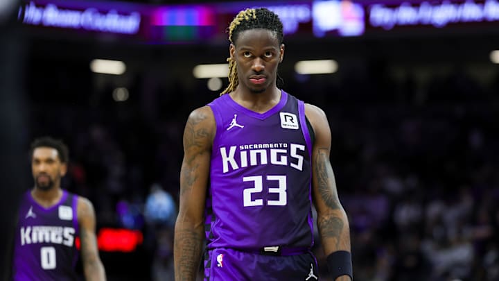 Jan 1, 2025; Sacramento, California, USA; Sacramento Kings guard Keon Ellis (23) during the game against the Philadelphia 76ers at Golden 1 Center. Mandatory Credit: Sergio Estrada-Imagn Images