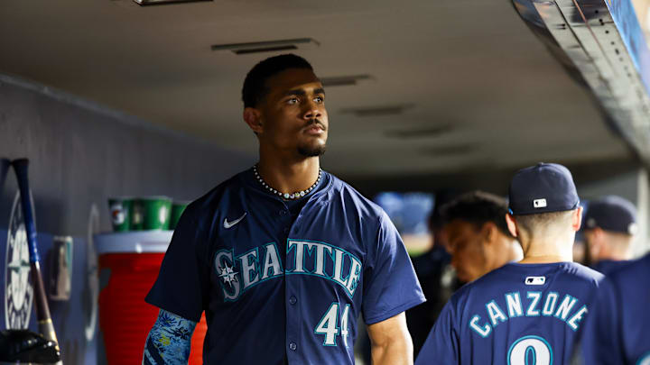 Seattle Mariners center fielder Julio Rodriguez (44) stands in the dugout following a 4-1 loss against the Baltimore Orioles at T-Mobile Park on July 3.