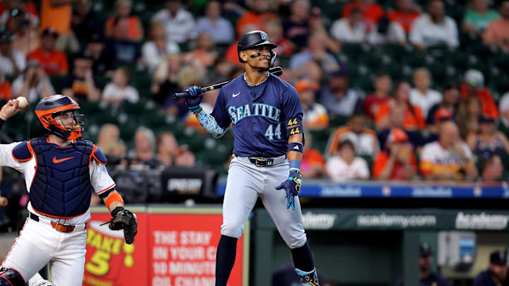 Seattle Mariners center fielder Julio Rodriguez (44) stands in the batter's box against the Houston Astros during the first inning at Minute Maid Park in 2024.