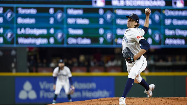 Seattle Mariners starting pitcher Logan Gilbert (36) throws against the Houston Astros during the second inning at T-Mobile Park on April 7. Seattle Mariners starting pitcher Logan Gilbert (36) throws against the Houston Astros during the second inning at T-Mobile Park on April 7.