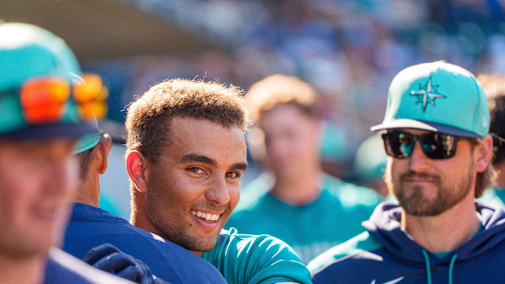 Seattle Mariners catcher Harry Ford (72) reacts after hitting a home run in the eighth inning during a spring training game against the Chicago Cubs at Sloan Park on March 8. Seattle Mariners catcher Harry Ford (72) reacts after hitting a home run in the eighth inning during a spring training game against the Chicago Cubs at Sloan Park on March 8.