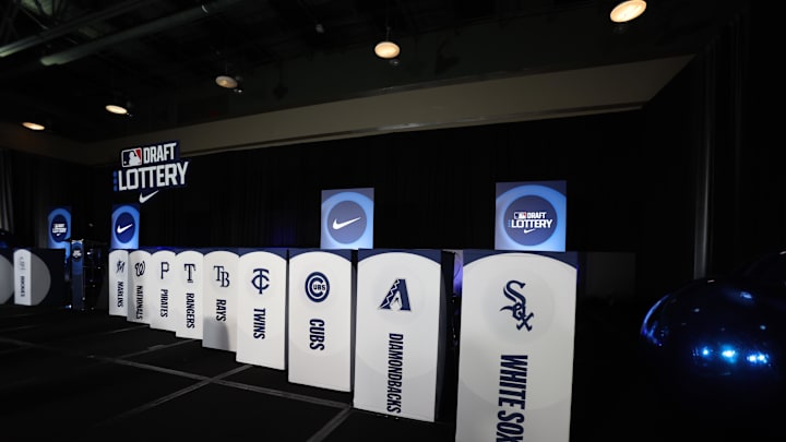 Dec 10, 2024; Dallas, TX, USA; A general view of the set of the MLB Draft Lottery at the Hilton Anatole during the 2024 MLB Winter Meetings. Mandatory Credit: Tim Heitman-Imagn Images Dec 10, 2024; Dallas, TX, USA; A general view of the set of the MLB Draft Lottery at the Hilton Anatole during the 2024 MLB Winter Meetings. Mandatory Credit: Tim Heitman-Imagn Images