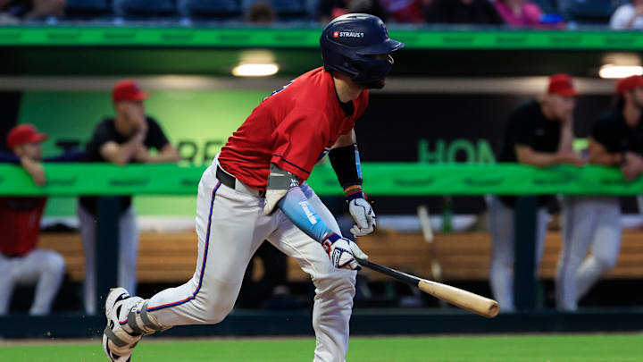 Jacksonville Jumbo Shrimp catcher Joe Mack (8) watchs his hit during the first inning of Game 3 of an MiLB International League Championship Series at VyStar Ballpark Thursday, Sept. 25, 2025 in Jacksonville, Fla. The Jacksonville Jumbo Shrimp defeated the Scranton/Wilkes-Barre RailRiders 7-4 and took home the title in a best-of-three game series. [Corey Perrine/Florida Times-Union]