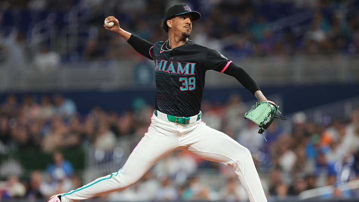 May 22, 2026; Miami, Florida, USA; Miami Marlins starting pitcher Eury Perez (39) delivers a pitch against the New York Mets during the first inning at loanDepot Park. Mandatory Credit: Sam Navarro-Imagn Images May 22, 2026; Miami, Florida, USA; Miami Marlins starting pitcher Eury Perez (39) delivers a pitch against the New York Mets during the first inning at loanDepot Park. Mandatory Credit: Sam Navarro-Imagn Images