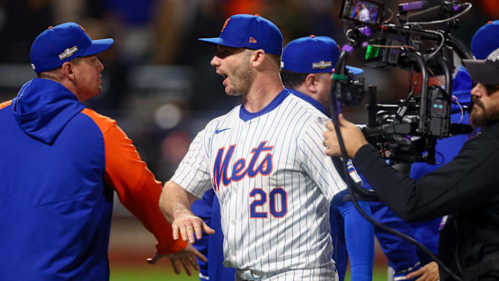 Oct 18, 2024; New York City, New York, USA; New York Mets first baseman Pete Alonso (20) celebrates with teammates after the game against the Los Angeles Dodgers game five of the NLCS for the 2024 MLB playoffs at Citi Field. Mandatory Credit: Vincent Carchietta-Imagn Images
