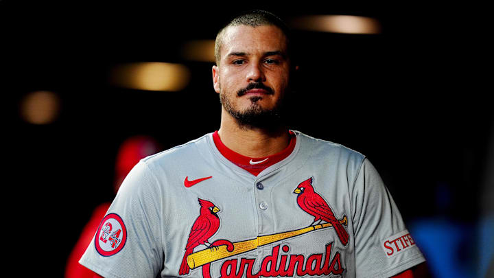 Sep 24, 2024; Denver, Colorado, USA; St. Louis Cardinals third baseman Nolan Arenado (28) during the first inning against the Colorado Rockies at Coors Field. Mandatory Credit: Ron Chenoy-Imagn Images