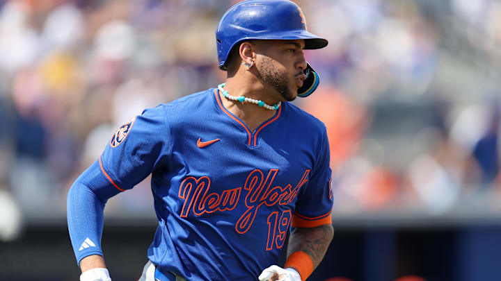 New York Mets outfielder Jose Siri (19) runs the bases after hitting a three-run home run against the Tampa Bay Rays in the third inning during spring training at Charlotte Sports Park. 