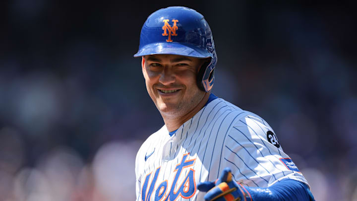 Aug 21, 2024; New York City, New York, USA; New York Mets second baseman Jose Iglesias (11) reacts after a single fourth inning against the Baltimore Orioles at Citi Field. Mandatory Credit: Vincent Carchietta-Imagn Images