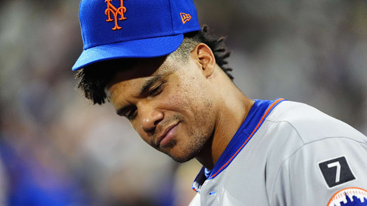 Jun 7, 2025; Denver, Colorado, USA; New York Mets right tielder Juan Soto (22) reacts in the seventh inning against the Colorado Rockies at Coors Field. Mandatory Credit: Ron Chenoy-Imagn Images