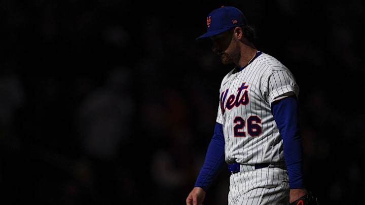 Apr 9, 2026; New York City, New York, USA; New York Mets pitcher Nolan McLean (26) walks off the field after being received during the seventh inning against the Arizona Diamondbacks at Citi Field. Mandatory Credit: Vincent Carchietta-Imagn Images