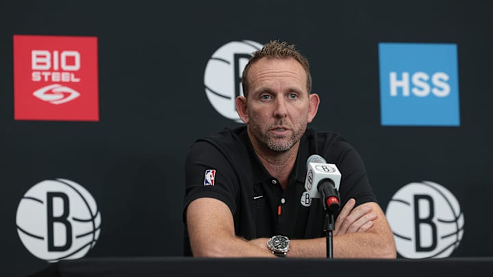 Sep 26, 2022; Brooklyn, NY, USA; Brooklyn Nets general manager Sean Marks talks to the media during media day at HSS Training Center. Mandatory Credit: Vincent Carchietta-Imagn Images
