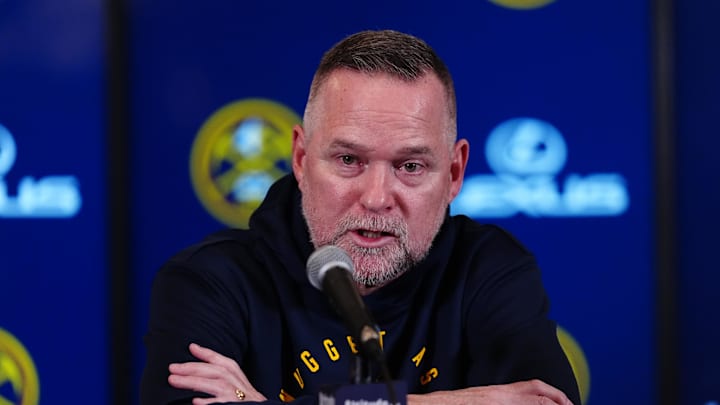 Denver Nuggets head coach Michael Malone speaks to the media before the game against the Miami Heat at Ball Arena. 