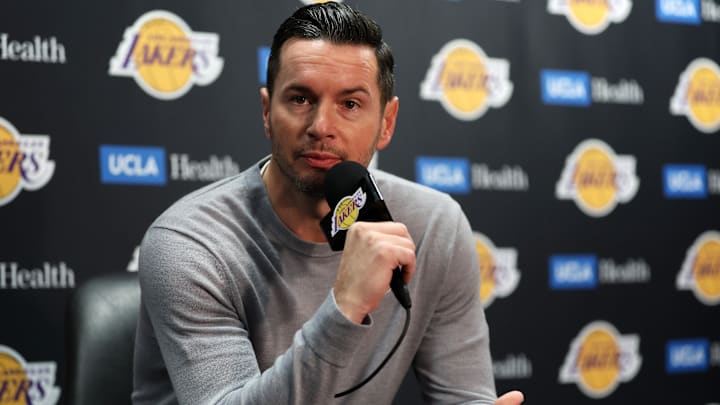 Los Angeles Lakers head coach JJ Redick speaks to media prior to a game against the Denver Nuggets at Crypto.com Arena. 
