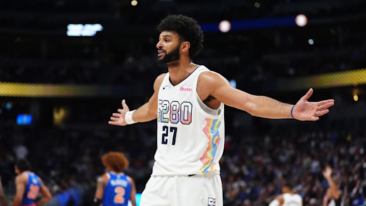 Nov 25, 2024; Denver, Colorado, USA; Denver Nuggets guard Jamal Murray (27) reacts in the second half against the New York Knicks at Ball Arena. 