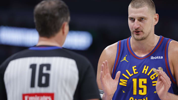 May 13, 2025; Oklahoma City, Oklahoma, USA; Denver Nuggets center Nikola Jokic (15) talks to an official after a play against the Oklahoma City Thunder during the second half of game five of the second round for the 2025 NBA Playoffs at Paycom Center. Mandatory Credit: Alonzo Adams-Imagn Images