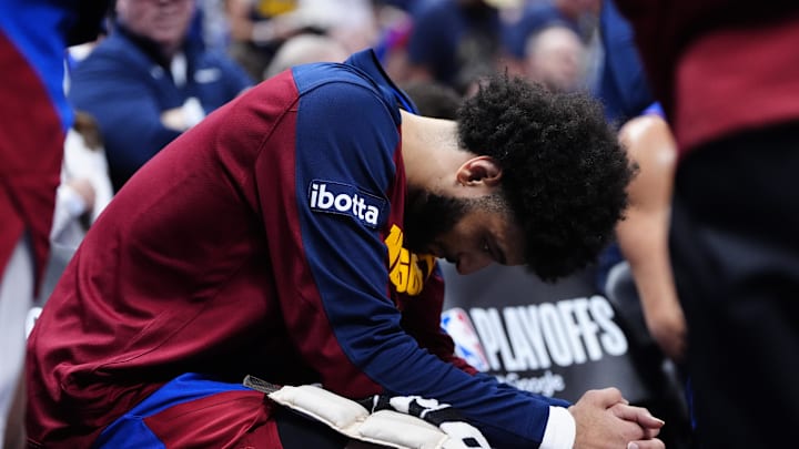 May 9, 2025; Denver, Colorado, USA; Denver Nuggets guard Jamal Murray (27) on the bench in the second quarter against the Oklahoma City Thunder during game three of the second round for the 2025 NBA Playoffs at Ball Arena. Mandatory Credit: Ron Chenoy-Imagn Images May 9, 2025; Denver, Colorado, USA; Denver Nuggets guard Jamal Murray (27) on the bench in the second quarter against the Oklahoma City Thunder during game three of the second round for the 2025 NBA Playoffs at Ball Arena. Mandatory Credit: Ron Chenoy-Imagn Images