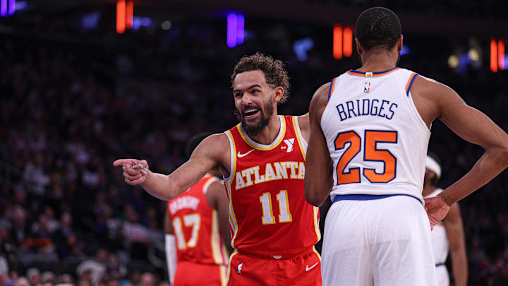 Jan 20, 2025; New York, New York, USA; Atlanta Hawks guard Trae Young (11) reacts in front of New York Knicks forward Mikal Bridges (25) during the first half at Madison Square Garden. Mandatory Credit: Vincent Carchietta-Imagn Images Jan 20, 2025; New York, New York, USA; Atlanta Hawks guard Trae Young (11) reacts in front of New York Knicks forward Mikal Bridges (25) during the first half at Madison Square Garden. Mandatory Credit: Vincent Carchietta-Imagn Images