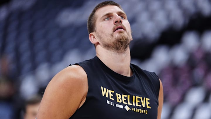 May 9, 2025; Denver, Colorado, USA; Denver Nuggets center Nikola Jokic (15) before the game against the Oklahoma City Thunder during game three of the second round for the 2025 NBA Playoffs at Ball Arena. Mandatory Credit: Ron Chenoy-Imagn Images May 9, 2025; Denver, Colorado, USA; Denver Nuggets center Nikola Jokic (15) before the game against the Oklahoma City Thunder during game three of the second round for the 2025 NBA Playoffs at Ball Arena. Mandatory Credit: Ron Chenoy-Imagn Images