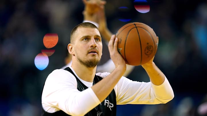 Feb 15, 2025; Oakland, CA, USA; Chuck’s Global Stars center Nikola Jokic (15) of the Denver Nuggets warms up during the NBA All Star-Practice at Oracle Arena. Mandatory Credit: Cary Edmondson-Imagn Images