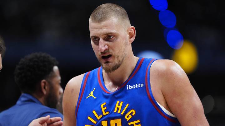 Apr 20, 2026; Denver, Colorado, USA; Denver Nuggets center Nikola Jokic (15) walks to the bench in the second quarter against the Minnesota Timberwolves during game two of the first round of the 2026 NBA Playoffs at Ball Arena.