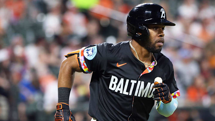 May 2, 2025; Baltimore, Maryland, USA; Baltimore Orioles outfielder Cedric Mullins (31) runs to first base during the sixth inning against the Kansas City Royals at Oriole Park at Camden Yards.