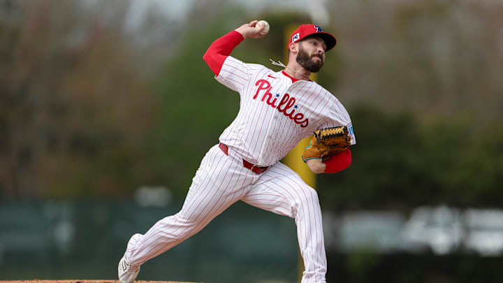 Feb 19, 2025; Clearwater, FL, USA; Philadelphia Phillies pitcher Kyle Tyler (57) throws a pitch during spring training workouts at BayCare Ballpark. Mandatory Credit: Nathan Ray Seebeck-Imagn Images