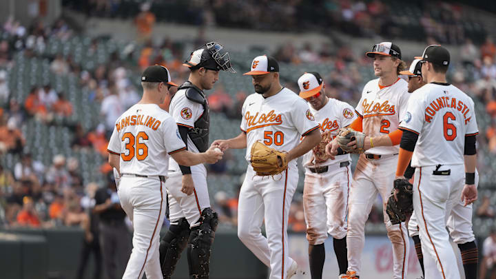 Aug 24, 2025; Baltimore, Maryland, USA; Baltimore Orioles interim manager Tony Mansolino (36) makes a pitching change taking out Baltimore Orioles pitcher Rico Garcia (50) during the eighth inning against the Houston Astros at Oriole Park at Camden Yards. Mandatory Credit: Gregory Fisher-Imagn Images Aug 24, 2025; Baltimore, Maryland, USA; Baltimore Orioles interim manager Tony Mansolino (36) makes a pitching change taking out Baltimore Orioles pitcher Rico Garcia (50) during the eighth inning against the Houston Astros at Oriole Park at Camden Yards. Mandatory Credit: Gregory Fisher-Imagn Images