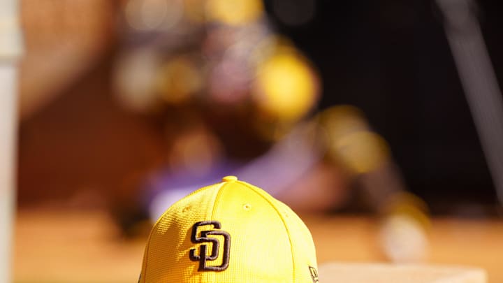 Feb 12, 2024; Peoria, AZ, USA; A general view of a hat belonging to a member of the San Diego Padres during a workout day at Peoria Sports Complex. Mandatory Credit: Allan Henry-Imagn Image