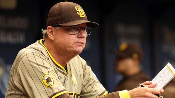 Sep 1, 2024; St. Petersburg, Florida, USA; San Diego Padres manager Mike Shildt (8) looks on against the Tampa Bay Rays during the third inning at Tropicana Field. Mandatory Credit: Kim Klement Neitzel-Imagn Images