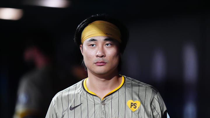 Aug 16, 2024; Denver, Colorado, USA; San Diego Padres shortstop Ha-Seong Kim (7) leaves the dugout in the seventh inning against the Colorado Rockies at Coors Field. Mandatory Credit: Ron Chenoy-Imagn Images