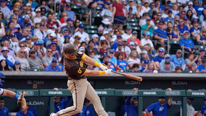Feb 25, 2024; Mesa, Arizona, USA; San Diego Padres catcher Kevin Plawecki (24) at bat in the ninth inning during a spring training game at Sloan Park against the Chicago Cubs. Mandatory Credit: Allan Henry-Imagn Images