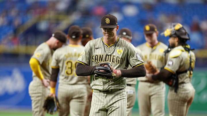 Aug 30, 2024; St. Petersburg, Florida, USA; San Diego Padres pitcher Sean Reynolds (25) leaves the game against the Tampa Bay Rays in the seventh inning at Tropicana Field. Mandatory Credit: Nathan Ray Seebeck-Imagn Images Aug 30, 2024; St. Petersburg, Florida, USA; San Diego Padres pitcher Sean Reynolds (25) leaves the game against the Tampa Bay Rays in the seventh inning at Tropicana Field. Mandatory Credit: Nathan Ray Seebeck-Imagn Images