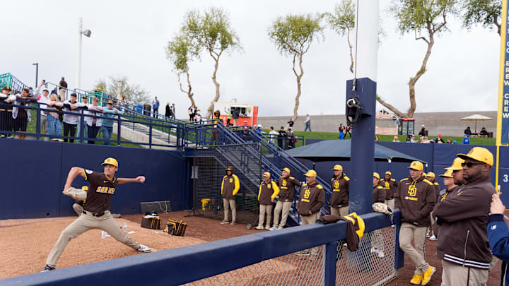 Mar 7, 2025; Phoenix, Arizona, USA; San Diego Padres pitcher Kyle Hart (68) warms up for the first inning of a spring training game against the San Diego Padres at American Family Fields of Phoenix. Mandatory Credit: Allan Henry-Imagn Images