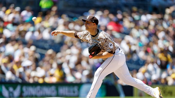 Apr 12, 2025; San Diego, California, USA;  San Diego Padres starting pitcher Michael King (34) throws a pitch during the first inning against the Colorado Rockies at Petco Park. Mandatory Credit: David Frerker-Imagn Images