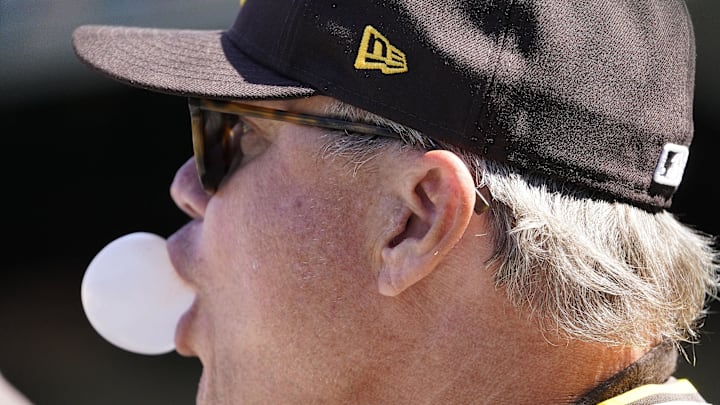 Apr 6, 2025; Chicago, Illinois, USA; San Diego Padres manager Mike Shildt (8) in the dugout before the game against the Chicago Cubs at Wrigley Field. Apr 6, 2025; Chicago, Illinois, USA; San Diego Padres manager Mike Shildt (8) in the dugout before the game against the Chicago Cubs at Wrigley Field.
