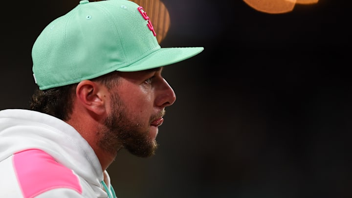 Apr 25, 2025; San Diego, California, USA; San Diego Padres center fielder Jackson Merrill (3) looks on during the eighth inning against the Tampa Bay Rays at Petco Park. Mandatory Credit: Chadd Cady-Imagn Images