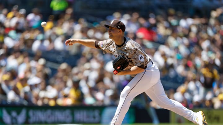 Apr 12, 2025; San Diego, California, USA;  San Diego Padres starting pitcher Michael King (34) throws a pitch during the first inning against the Colorado Rockies at Petco Park. Mandatory Credit: David Frerker-Imagn Images
