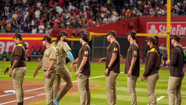 Jun 15, 2025; Phoenix, Arizona, USA; San Diego Padres outfielder Fernando Tatis Jr. (23) celebrates with his team after a victory against the Arizona Diamondbacks. at Chase Field. Mandatory Credit: Allan Henry-Imagn Images