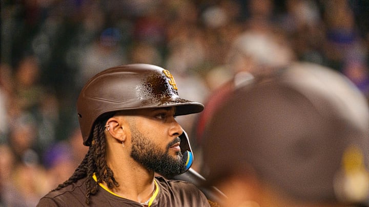 Aug 5, 2025; Phoenix, Arizona, USA; San Diego Padres outfielder Fernando Tatis Jr. (23) prepares for his at bat in the first inning against the Arizona Diamondbacks at Chase Field. Mandatory Credit: Allan Henry-Imagn Images Aug 5, 2025; Phoenix, Arizona, USA; San Diego Padres outfielder Fernando Tatis Jr. (23) prepares for his at bat in the first inning against the Arizona Diamondbacks at Chase Field. Mandatory Credit: Allan Henry-Imagn Images