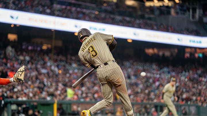 Aug 11, 2025; San Francisco, California, USA; San Diego Padres center fielder Jackson Merrill (3) hits a RBI double against the San Francisco Giants during the sixth inning at Oracle Park. Mandatory Credit: Neville E. Guard-Imagn Images Aug 11, 2025; San Francisco, California, USA; San Diego Padres center fielder Jackson Merrill (3) hits a RBI double against the San Francisco Giants during the sixth inning at Oracle Park. Mandatory Credit: Neville E. Guard-Imagn Images