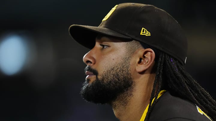 Apr 21, 2026; Denver, Colorado, USA; San Diego Padres right fielder Fernando Tatis Jr. (23) during the seventh inning against the Colorado Rockies at Coors Field. Mandatory Credit: Ron Chenoy-Imagn Images