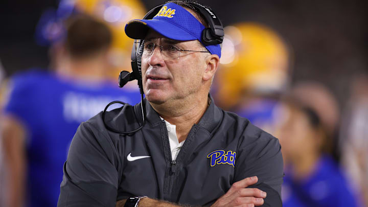 Nov 22, 2025; Atlanta, Georgia, USA; Pittsburgh Panthers head coach Pat Narduzzi on the sideline against the Georgia Tech Yellow Jackets in the first quarter at Bobby Dodd Stadium at Hyundai Field. Mandatory Credit: Brett Davis-Imagn Images