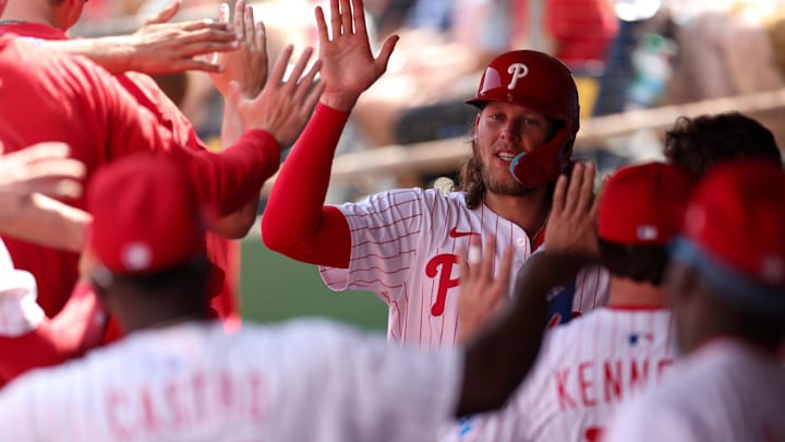 Mar 8, 2025; Clearwater, Florida, USA; Philadelphia Phillies third baseman Alec Bohm (28) celebrates after scoring a run against the Toronto Blue Jays in the second inning during spring training at BayCare Ballpark. Nathan Ray Seebeck-Imagn Images Mar 8, 2025; Clearwater, Florida, USA; Philadelphia Phillies third baseman Alec Bohm (28) celebrates after scoring a run against the Toronto Blue Jays in the second inning during spring training at BayCare Ballpark. Nathan Ray Seebeck-Imagn Images